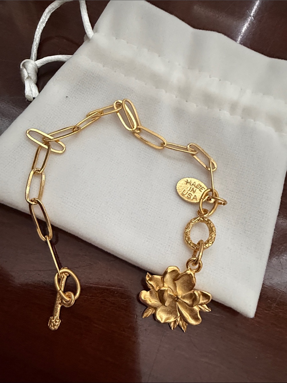 Gold Floral Charm Paperclip Chain Bracelet by Susan Shaw 7 1/2 to 8 inch